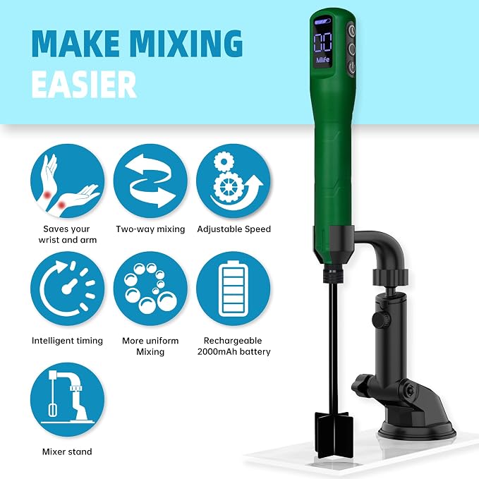 Mlife Upgraded Resin Mixer, Epoxy Resin Electric Stirrer, Paint Mixer & Timed Epoxy Resin Mixer for Epoxy Resin,Silicone Mixing, Resin Molds, DIY Crafts, Epoxy Resin Kit, with Mixer Stand(Dark-Green)