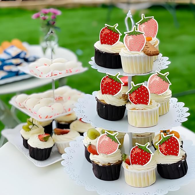 40Pcs Edible Cute Strawberry Cupcake Toppers Red Starwberry Cupcake Picks Pink Strawberries Drink Toppers for Baby Shower Boys Girls Birthday Cake Decors Sweet Fruit Party Decorations