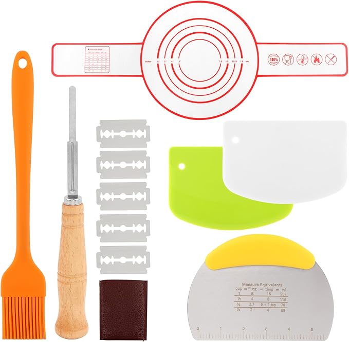 Bread Baking Tools Set, 12 Piece Kit with Silicone Baking Mat 21.5 cm, Bread Lame with 5 Blades and Pouch, Pastry Brush, 3 Dough Boards, Oven Safe Dishwasher Safe