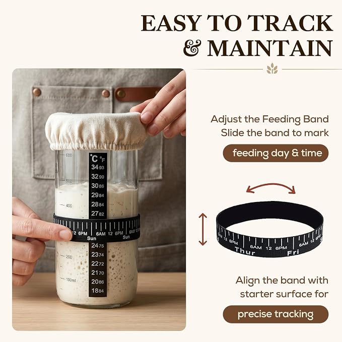 24 oz Sourdough Starter Jar Kit, Glass Sourdough Starter Jar with Date Mark, Thermometer, Scraper, Cloth Cover & Lid, Complete Sourdough Baking Supplies for Beginners & Pros