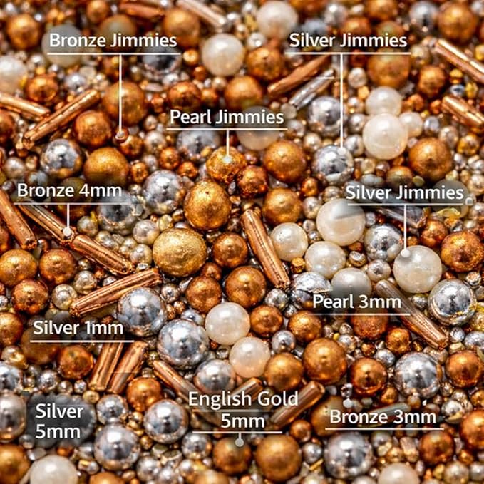 Confect Bronze Metallic Sprinkle Mix – Bake Stable Edible Pearls, Silver & Gold Dragees, Bronze Jimmies for Cake Decorating, Cupcakes, Cookies & Desserts 4.2 oz