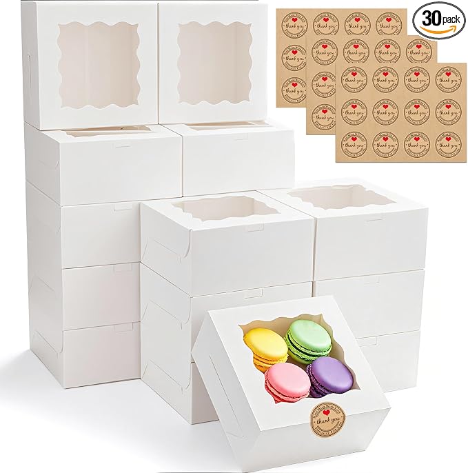 30pcs Cookie Boxes with Window, 6x6x3 Inches White Bakery Boxes, 36 Pcs Stickers,for Small Cookies, Treats, Candy, Desserts, Chocolate Covered Strawberries,Mini Cake Boxes
