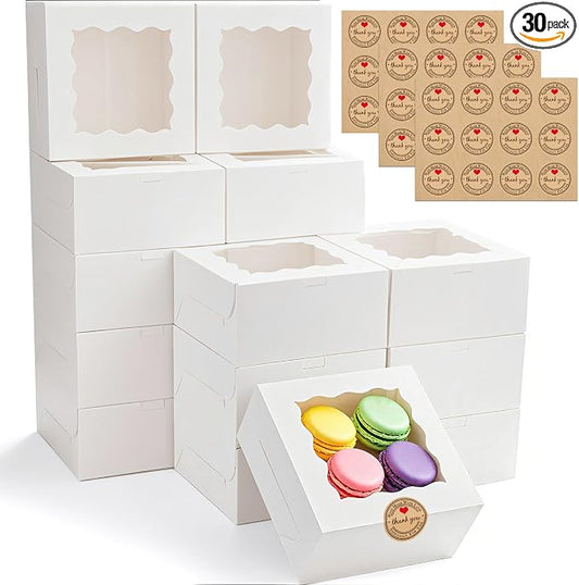 30pcs Cookie Boxes with Window, 6x6x3 Inches White Bakery Boxes, 36 Pcs Stickers,for Small Cookies, Treats, Candy, Desserts, Chocolate Covered Strawberries,Mini Cake Boxes