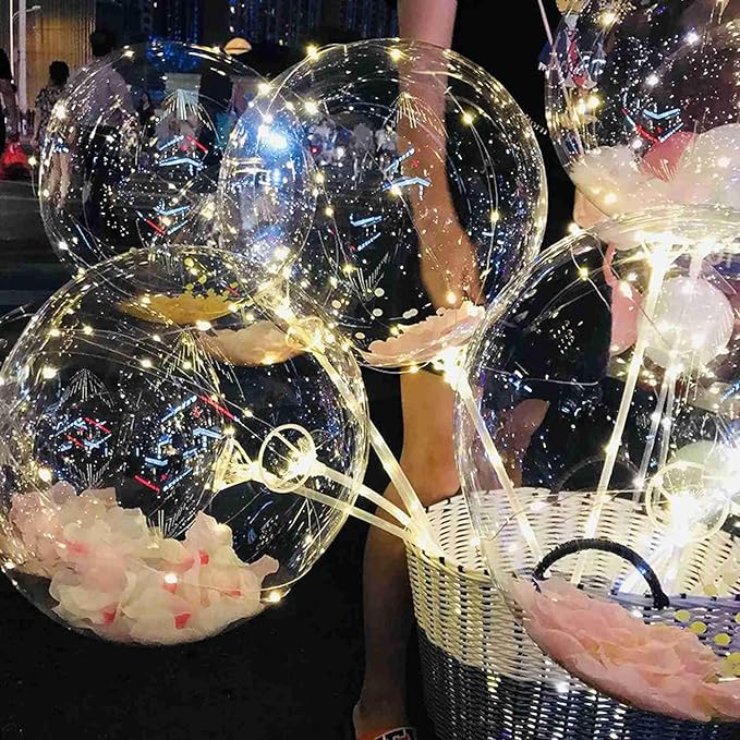 LED Balloons Light Up, 10 Pack LED Balloons with Sticks, 20 Inch Clear Bobo Balloon with Lights Helium Glow Bubble Lights for Party Supplies Valentines Decor (Cold White)