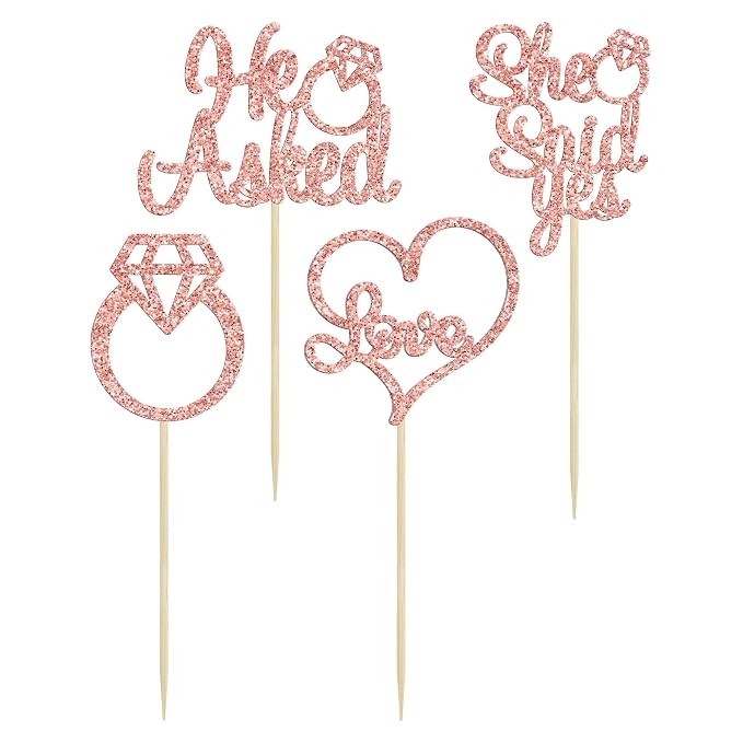 Gyufise 24Pcs Rose Gold He Asked She Said Yes Cupcake Toppers Diamond Ring Heart Cake Picks for Wedding Engagement Party Cake Decorations