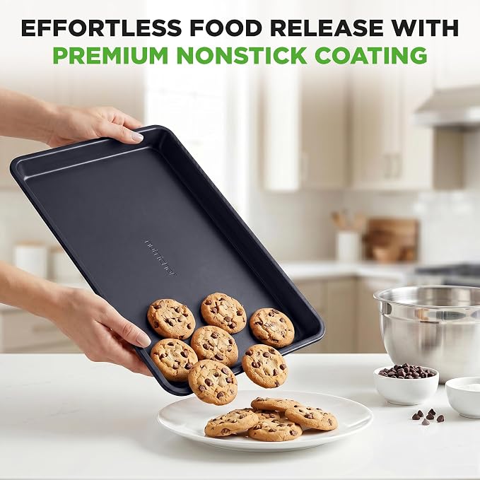 NutriChef Non-Stick Cookie Sheet Baking Pans, 2-Piece Oven Baking Trays w/ Superior Nonstick Coating - 15" x 11" & 13" x 9" Sizes for Convenient Roasting & Baking - Dishwasher Safe