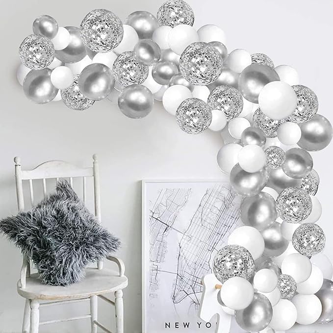 Bezente White Silver Balloon Garland Kit,100Pcs White Silver Metallic Chrome and Silver Confetti Balloons with Balloon Tape for Winter Wonderland Wedding Prom Special Events Party Winter Decor