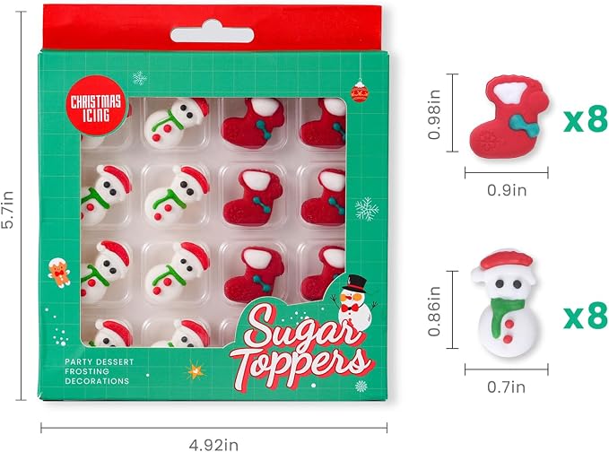 Edible Christmas Cookie Decorations 16 Pcs, Edible Snowman Men, Christmas Socks Icing Decorations, Gingerbread House Decorations, Perfect for Cupcakes, Cake, Cookies, and Ice Cream Topping