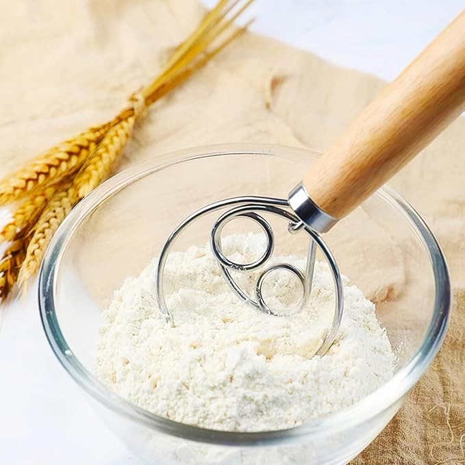 2Pack Danish Dough Whisk - Dough Whisk/Bread Whisk Sourdough Bread Baking Supplies for Cake Bread Pizza Pastry Biscuits, Wooden Hand Stainless Steel Ring Sourdough Baking Dough Mixer