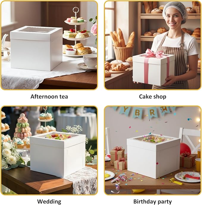Moretoes 3 Pack Cake Boxes 12 Inch with Boards, 12x12x10 Inches White Cake Carrier Bakery Containers, Disposable Bakery Boxes for Valentine's Day Mother's Day for Cake Cupcake Cookie Pie Pastry
