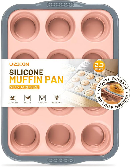 Silicone Muffin Pan, 12 Cups Non-Stick Cupcake Pan, Food-Grade BPA-Free Muffin Tin, Oven-Safe 450 °F, Reinforced Steel Frame, Easy-Grab Handles, Quick-Release 2.3" Baking Molds for Mini Treats