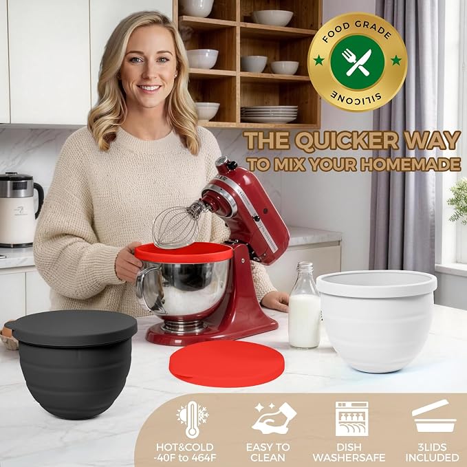 Forenee Collapsible Silicone Bowl Insert for KitchenAid 5Qt,3Pack | Ultra-Thick Stable Liner, Raised Splash-Guard Rim, Easy-Release, Dishwasher Safe, Space-Saving for Home