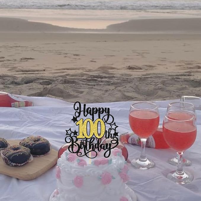 1 PCS Happy 100th Birthday Cake Topper Black Gold Glitter Cheers to 100 Years Birthday Cake Pick Hello 100 Fabulous Cake Decoration for Happy 100th Birthday Anniversary Party Decorations Supplies