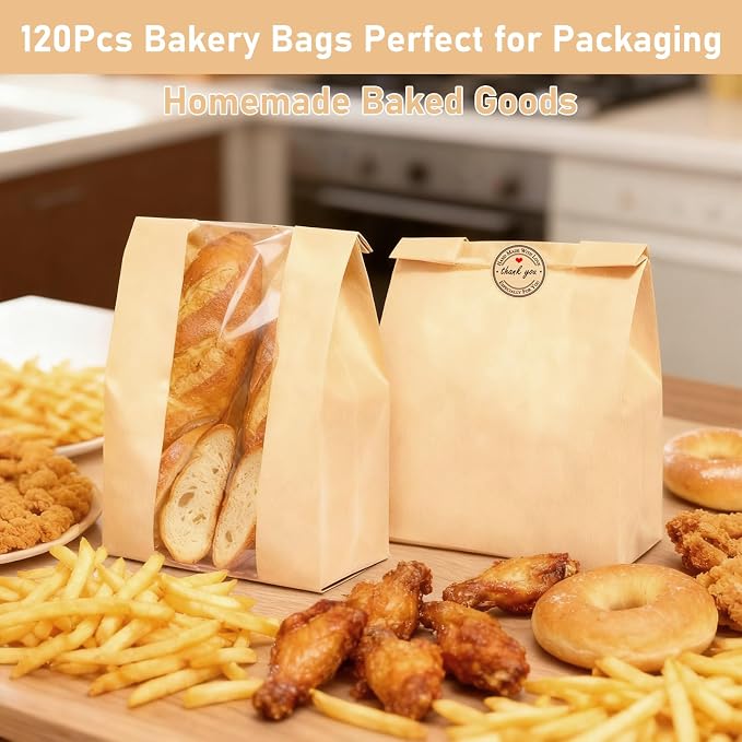 120 Pcs Paper Bread Bags for Homemade Bread with Window, 13.8 x 8.3 x 3.5 in Sourdough Bread Bags with 125 Sealing Stickers, Packaging and Storage of Baked Goods Suitable for Bakers