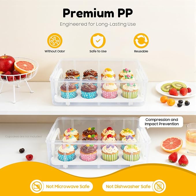 4-Tier Cupcake Carrier Stackable Storage Container,Store up to 48 Cupcakes | Plastic stackable trays with Lid and Handle. Lightweight for parties, baking, travel. Keeps cupcakes secure. BPA-free.
