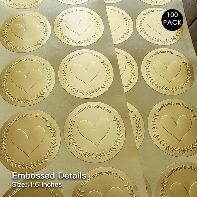 100PCS Handmade with Love Stickers, 1.6 Inch Gold Foil Round Labels for Baking Packaging, Small Business Supplies, Gift Wrapping, Party Favor Bags, Dessert Treat Bags, Envelope Seals