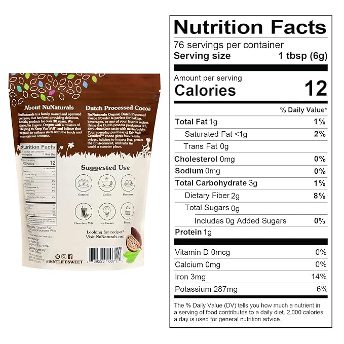 NuNaturals Cocoa Dutch Process Organic Fairtrade Certified 10-12%, 1 lb 2 Pack