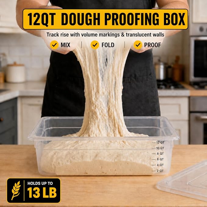 12QT Dough Proofing Container with Lid, 1 Pack Large Pizza Dough Container for 8-10 Dough Balls, Clear BPA-Free Dough Rising Box, Stackable Food Storage Bin for Sourdough Bread Baking