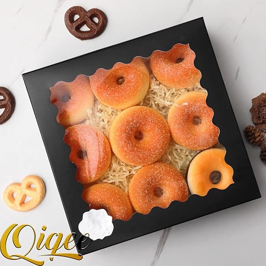 qiqee Auto-pop Up Black Pastry Box With Window 8x8x2.5 Inch Donut Pie Boxes 30pcs Bakery Box