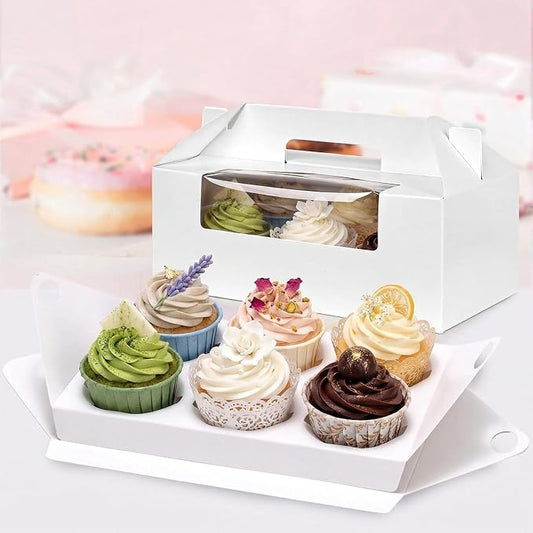 VGOODALL 6 Count Cupcake Boxes,8 Sets White Cupcake Containers with Window for Weeding Birthday Holiday Bakery Supplies Party Decorations 9.3" x 6" x 3.5"