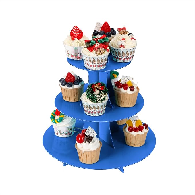 YLDW Cupcake Stand, 3-Tier Cupcake Stand Display, Cardboard Cup Cake Tower Stand, Disposable Dessert Stand for Birthday Tea Party Baby Shower Treat Decorations, Blue