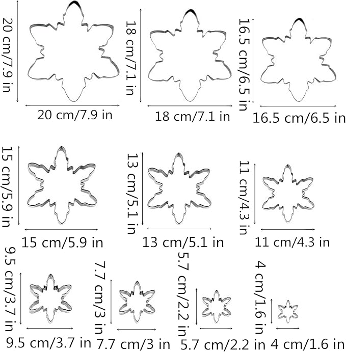 Snowflake Cookie Cutter Set of 10 pcs, Stainless Steel Snowflake Shaped Christmas Cookie Cutters Fondant Baking Molds, From Large Size/7.9 Inches to Small Size/1.6 Inches