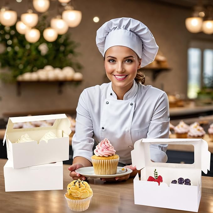 MUMULULU 20 PCS White Paper Cupcake Boxes with 2 Cavity Cookie Gift Boxes with Clear Window 2 Treat Holder Cupcake Containers Bakery Cake Box for Birthday Party Bakery Supplies