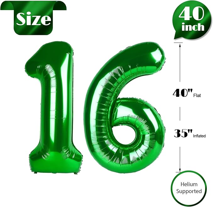 Dark Green Number 16 Balloon 40 Inch, 16th Birthday Party Decorations for Children, Giant 16 Foil Balloon for Party Supplies