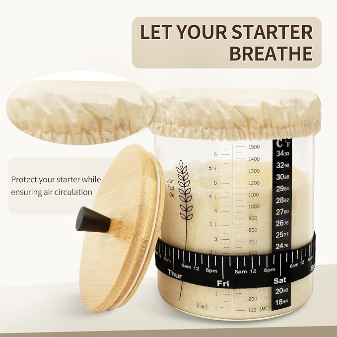 50oz Sourdough Starter Jar, Wide Mouth Sourdough Jar, Large Capacity Sourdough Starter Kit with Lid, Band, Date Tracker, Temp, Sourdough Bread Starter Kit for Perfect Sour Dough(2 Pack)