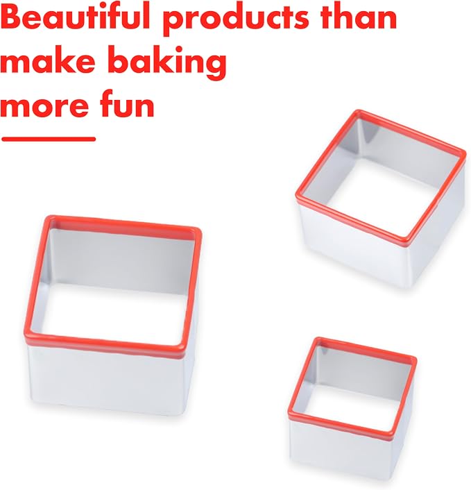 Large Square Cookie Cutter Set, 3, 4, 5 Inch, Stainless Steel Biscuit Cutters for Baking, Sandwich Cutter Shapes for Kids, Red Soft Rubber Top for Protection