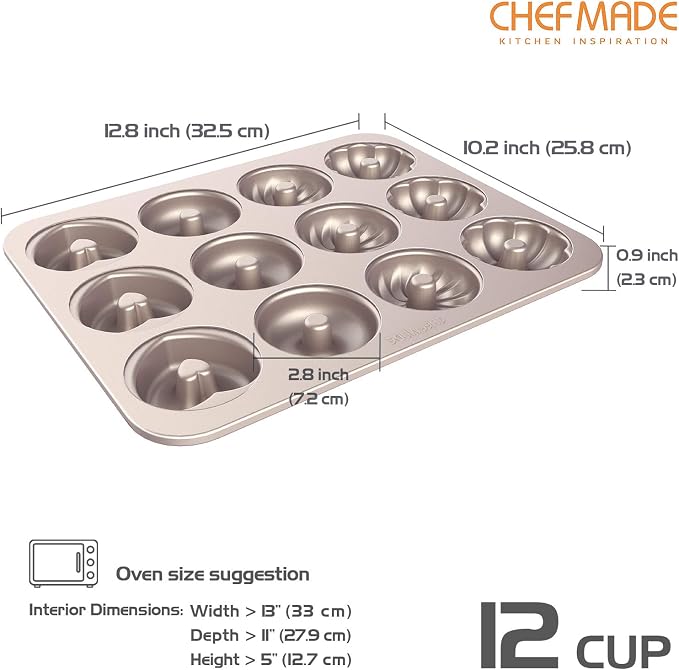 CHEFMADE Donut Mold Cake Pan, 12 Cavity Fluted Flower Cake Tin Pan Heavy Duty Steel Non-stick Flower Heart Shaped Bund Pans Pattern Doughnut Bakeware for Oven Baking (Champagne Gold)
