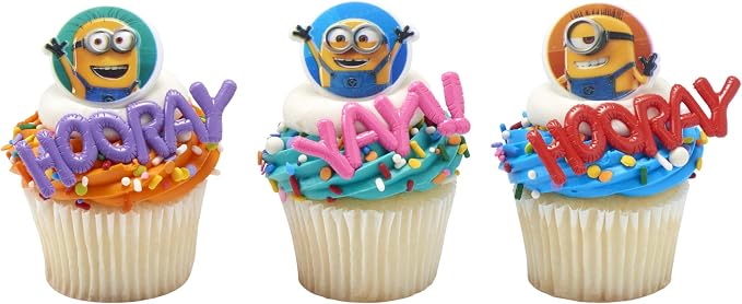DecoPac Minions Cupcake Rings, 24 Despicable Me™ Cupcake Decorations, Phil, Carl and Bob - 24 Pack