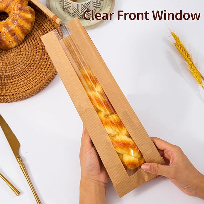 50 Pack Baguette Bags for Homemade Bread with Stickers, Reusable Kraft Paper Bread Bags, Long Sourdough Paper Bag with Clear Front Window