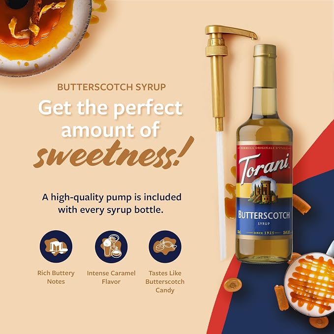 Torani Coffee Syrup, Butterscotch Flavoring for Drinks, Glass Bottle with Pump Included, 25.4 Fl Oz