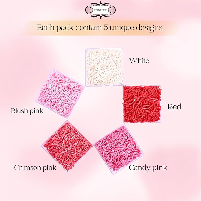 Confect Pink, Red, Blush Pink & White Jimmies Sprinkles Mix – Edible Baking Decorations for Cakes, Cupcakes, Cookies – Celebration & Birthday Sprinkles Set – Pack of 5 | Vegan, Gluten-Free, Nut-Free, Soy-Free, Dairy-Free , Handcrafted Sprinkle- 5 Oz