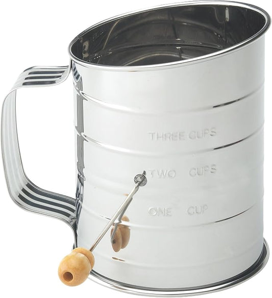 Mrs. Anderson's Baking Hand Crank Flour Sifter, Stainless Steel, 3-Cup Capacity, For Breaking Up Clumps And Aerating Flour And Powdered Sugar