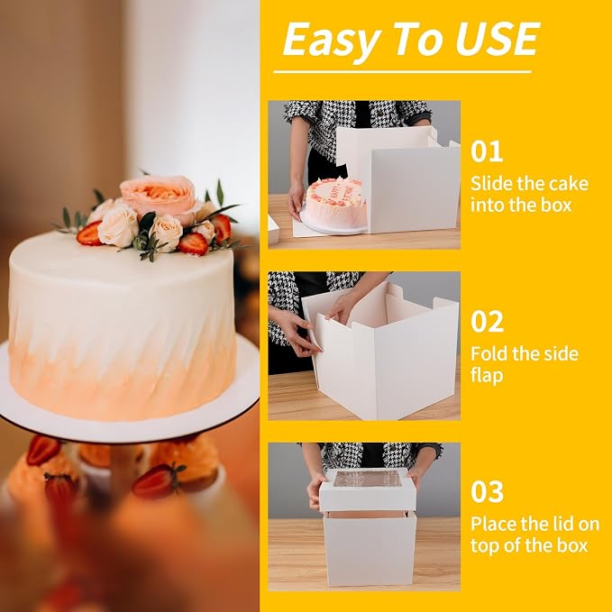 WINKIO 4 Pack Cake Boxes, Disposable Cake Transport Container, White Bakery Boxes with Large Window, for Cookies Pies Cupcakes Pastry (10×10×10 inches)