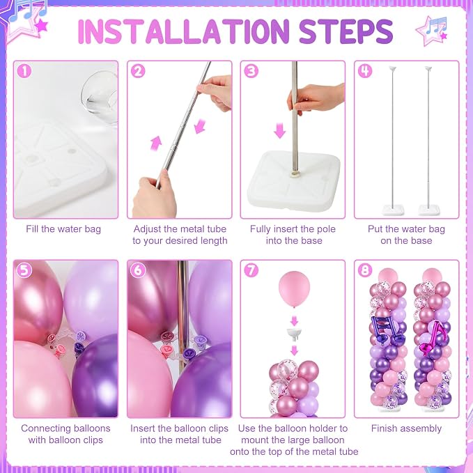 Skylety 2 Sets Kpop Music Balloon Column Stand Kit Adjustable Music Purple Pink Balloon Stand with Bases for Birthday Wedding Graduation Party Baby Shower Decorations Supplies