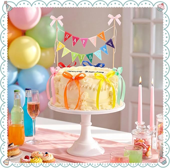 Honeydak Colorful 11 Pcs Bow Ribbon Cake Topper Happy Birthday Cake Bunting Topper with Wood Pole Handmade Pennant Flags with Bows Ribbon for Birthday, Bridal Party Decoration