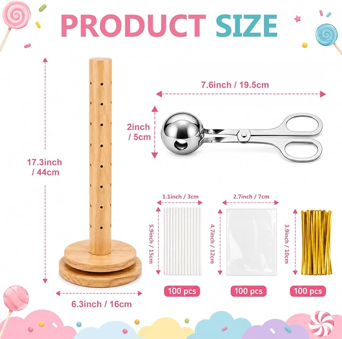 2Pack Wooden Cake Pop Stand Kit with 360° Spinning Base, 49Hole Lollipop Holder with Cake Ball Scoop, 100 Paper Sticks, 100 Clear Treat Bags and 100 Twist Ties, Easy Twist Assembly for Parties