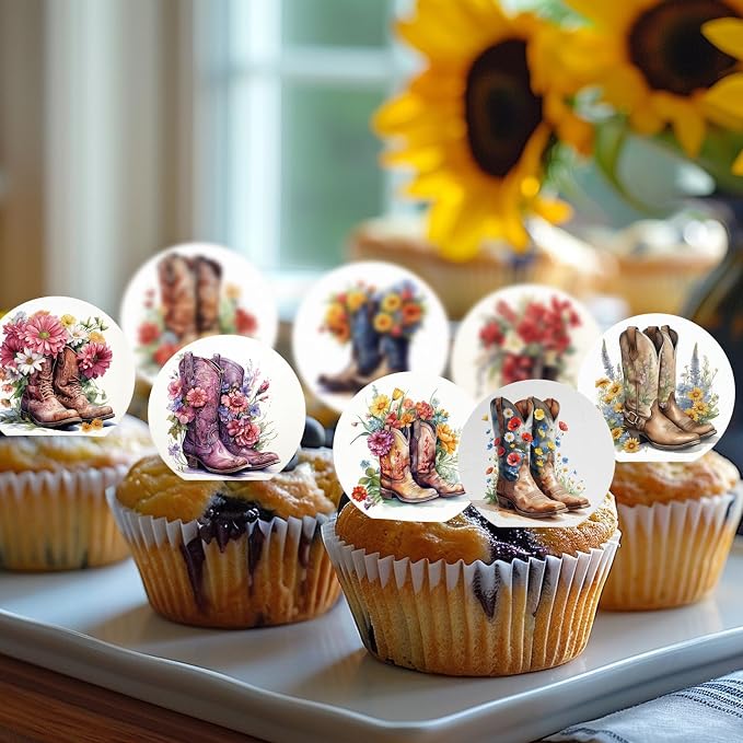 36PCS Edible Floral Horse Boots Cupcake Toppers Wafer Paper Pop-up Derby Horse Racing Cake Picks Edible Rodeo Western Boots Cupcake Toppers for Jockeys Equestrian Theme Supplies