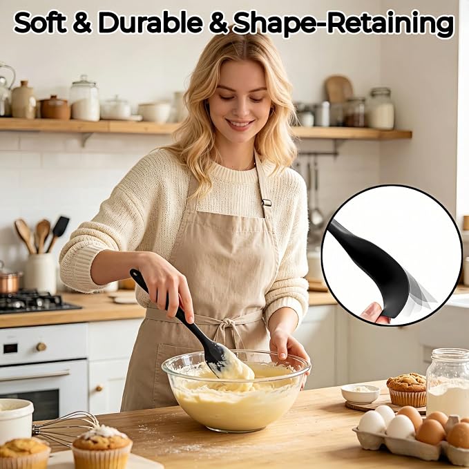 6-Piece Silicone Spatula Set, Heat Resistant Up to 230°C, Non-Scratch Non-Stick Cookware, Seamless One-Piece Design,with Pastry Brush for Baking Cooking Mixing (Black)