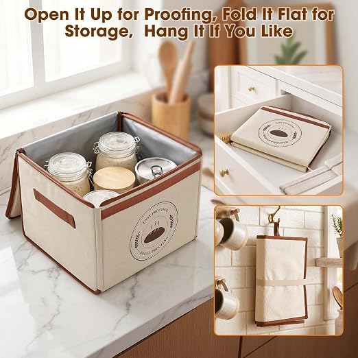 Bread Proofing Box, Folding Bread Proofing Box for Sourdough | 3-Side Heating, Built-in Hygrometer, 70-122°F & 1-24H Timer, Folds Flat for Storage, Stainless Steel Rack Included