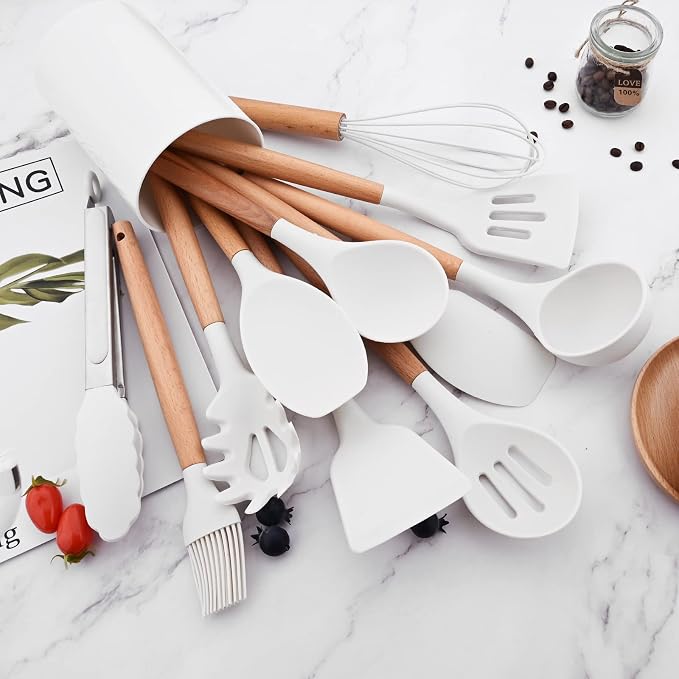 1pc White Silicone Egg Whisk with Wooden Handle, Heat Resistant Cooking Utensils for Blending Whisking Beating Stirring Cooking Backing