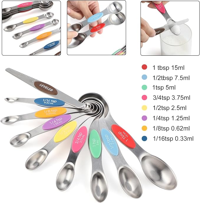 Magnetic Measuring Spoons Set Stainless Steel Dual Sided Stackable Teaspoon Tablespoon Nesting Measuring Spoon for Measuring Dry and Liquid Ingredients Color