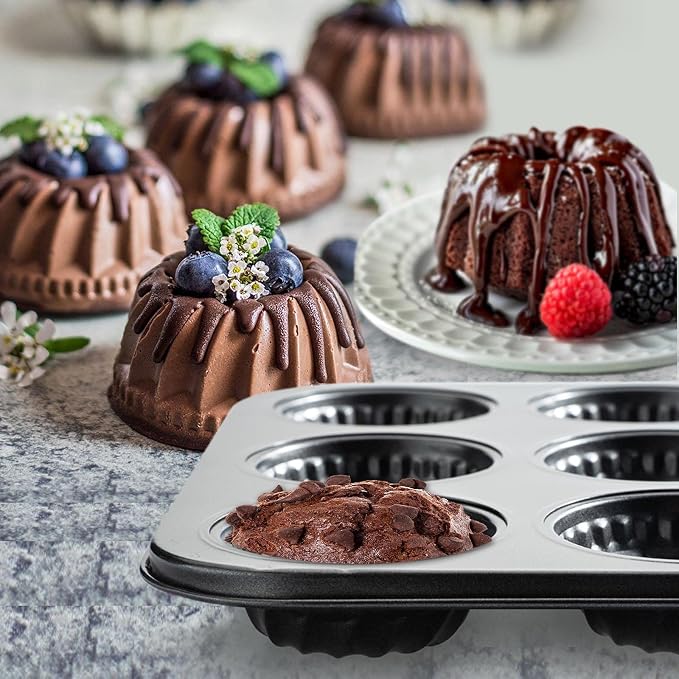 Mini Bndt Cake Pan, Nonstick Brownie Bowl Pan, 12-Cavity Fluted Small Round Cake Mold for Fall Baking & Thanksgiving Muffin Bavarois