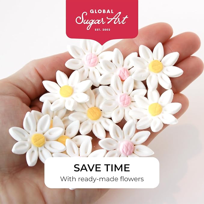 36 Count Edible Daisy Cake Decorations, Small Edible Flowers, White & Yellow Sugar Flowers, Daisy Cupcake Toppers for Cakes & Cupcakes, Edible Cake Decorations, Global Sugar Art (1 Inch)