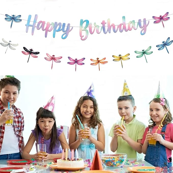 Zwiebeco Dragonfly Happy Birthday Banner Iridescent Insect Sign Hanging Paper Birthday Party Decorations for Girls Boys Kids Woodland Garden Accessories Party Supplies