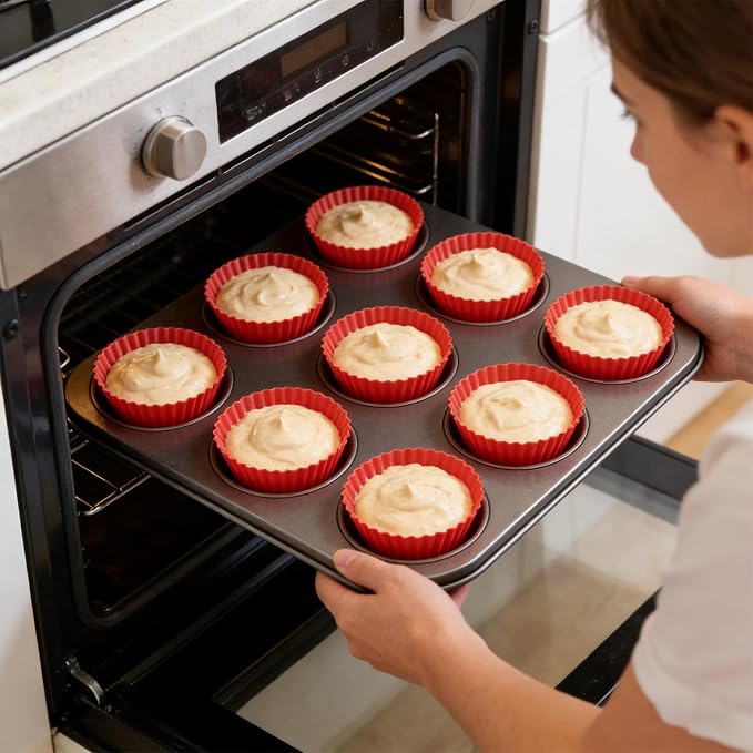 Silicone Muffin Pans for Baking Reusable & Non-stick Silicone Muffin Cupcake Liners Set 12 Pack Red