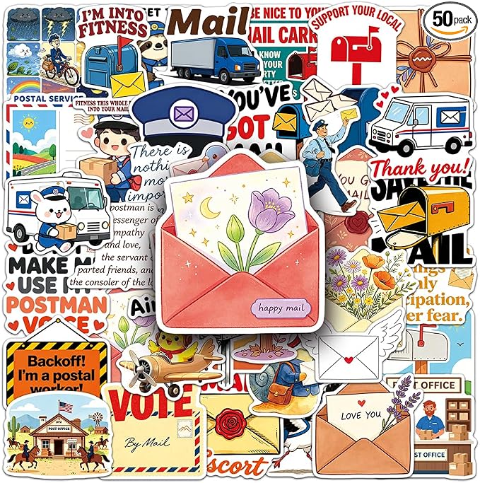 Postman Stickers|50Pcs Mailman Waterproof Vinyl Decals | Removable Resuable Sun-proof Peel and Stick for Water Bottles Laptop Luggage Cup Computer Mobile Phone Skateboard Decoration